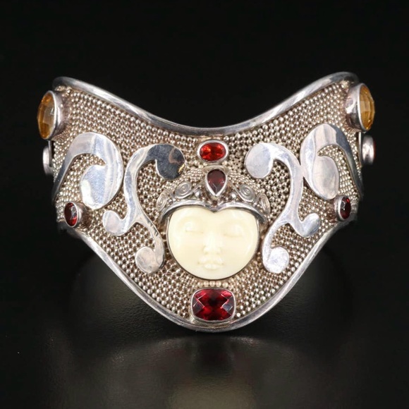 SAJEN CUFF SILVER FACES GODDESS BRACELET BONE GARNET, CITRINE - Picture 2 of 9